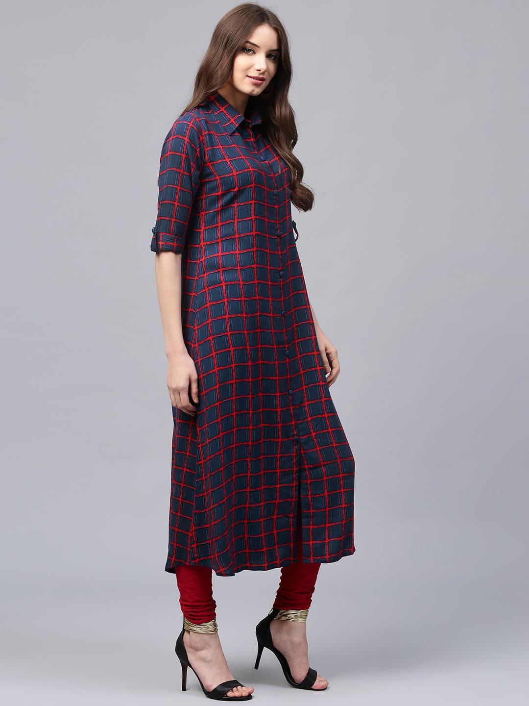 Blue Checkered Rayon Kurta - ShopLibas