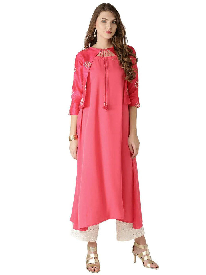 Pink Solid Crepe Kurta With Jacket - ShopLibas