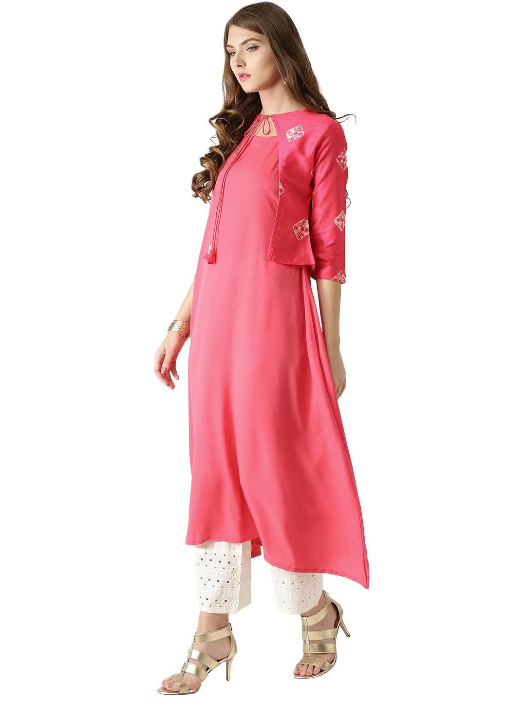 Pink Solid Crepe Kurta With Jacket - ShopLibas