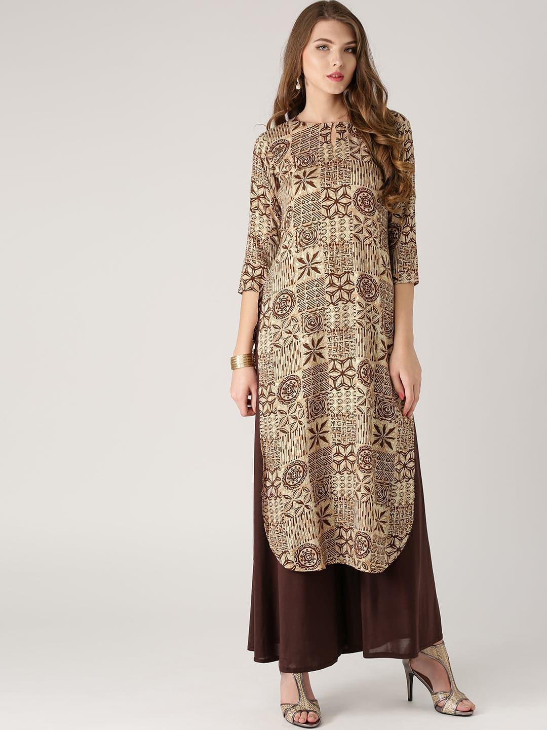 Beige Printed Rayon Kurta - ShopLibas