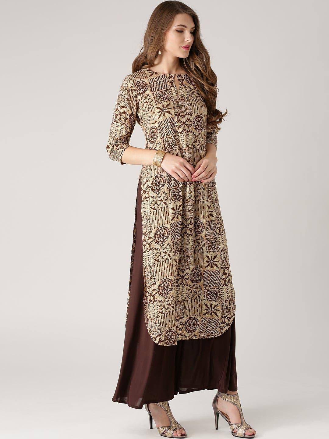 Beige Printed Rayon Kurta - ShopLibas 