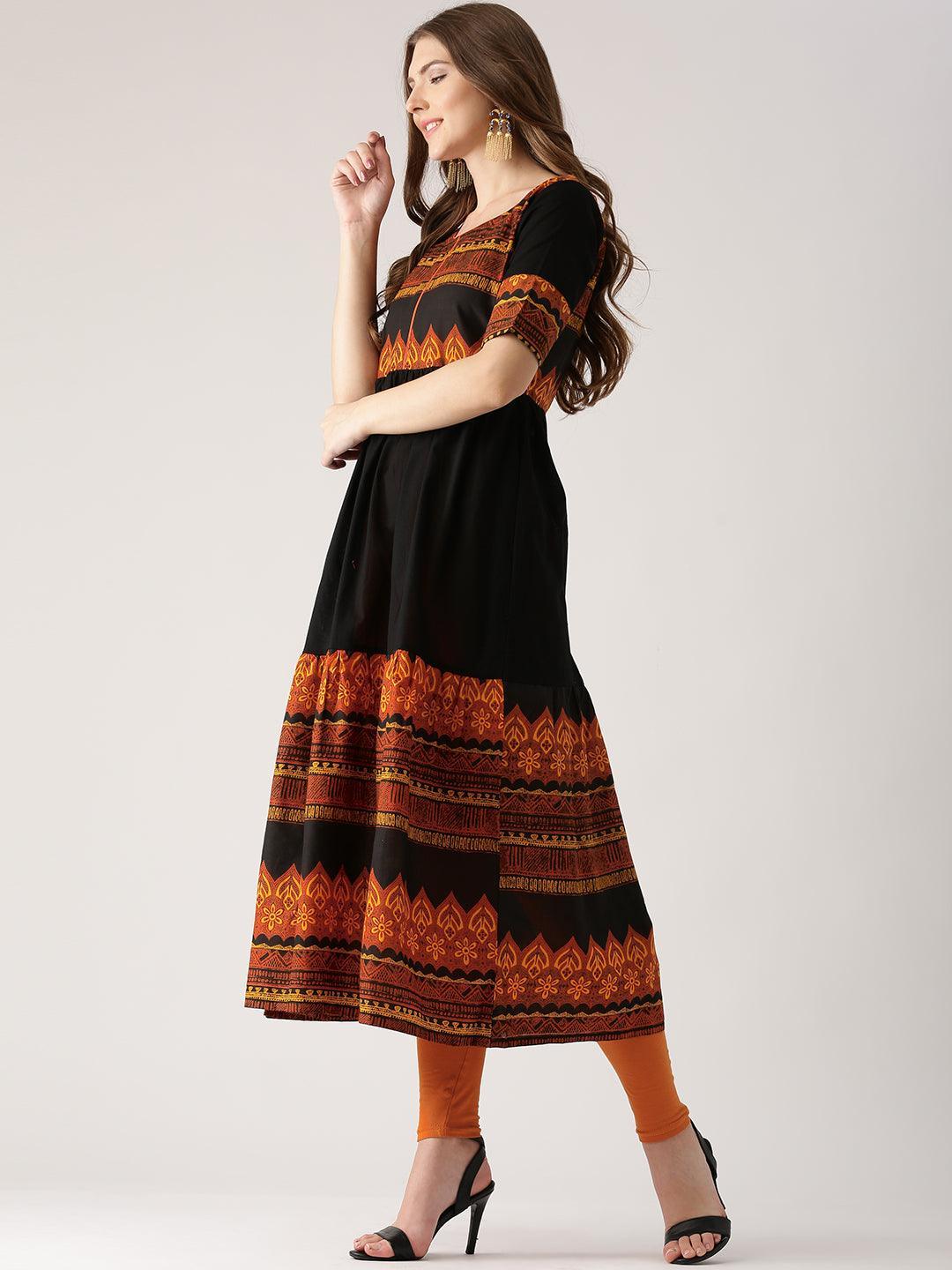 Black Printed Cotton Kurta - ShopLibas