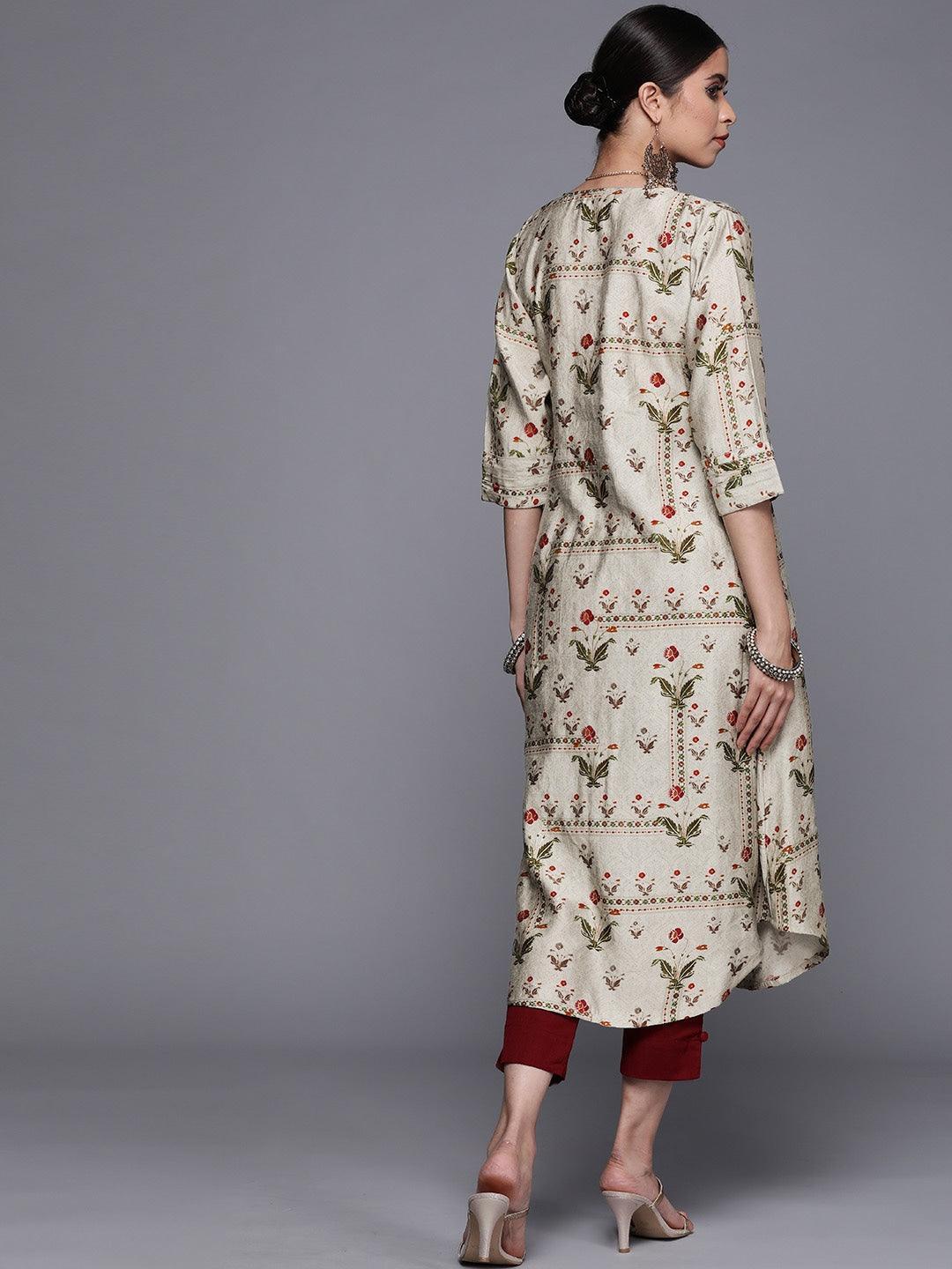 Grey Printed Chanderi Silk Kurta - ShopLibas