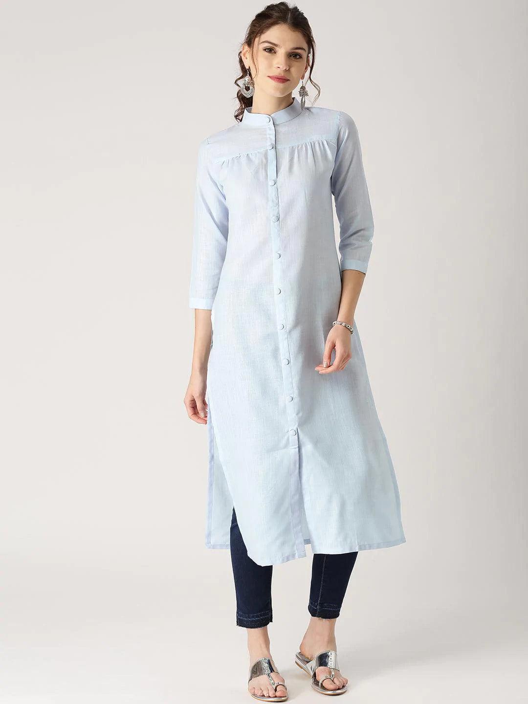 Blue Solid Cotton Kurta - ShopLibas