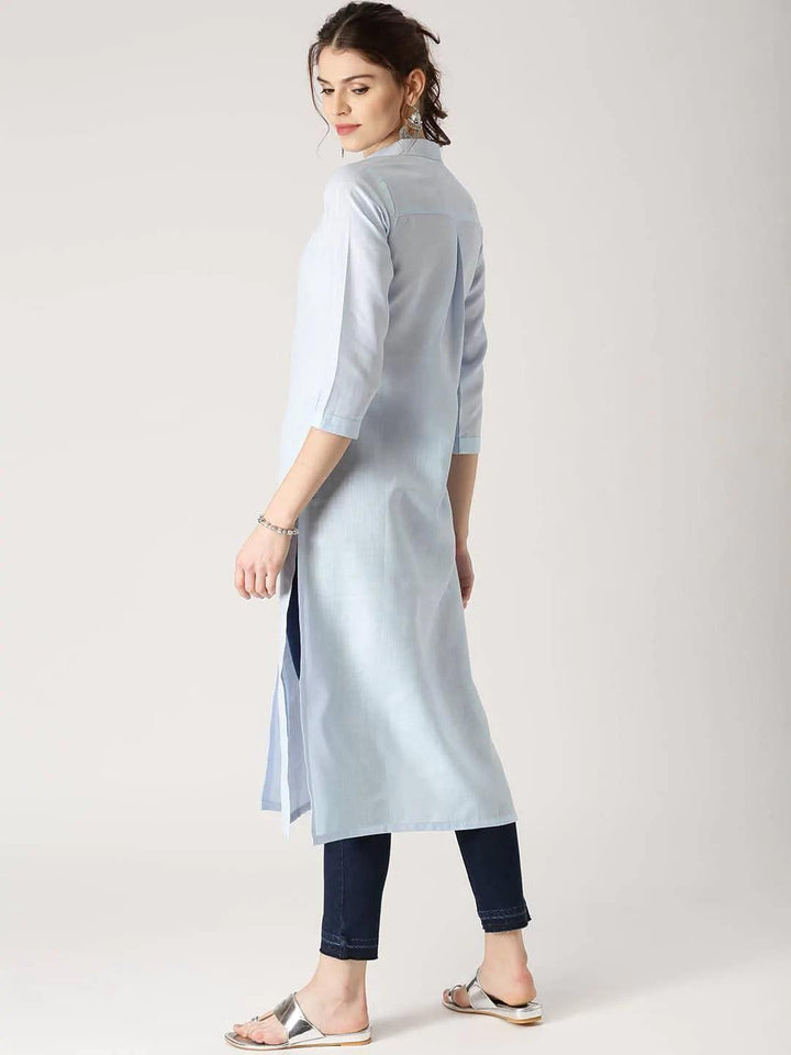 Blue Solid Cotton Kurta - ShopLibas