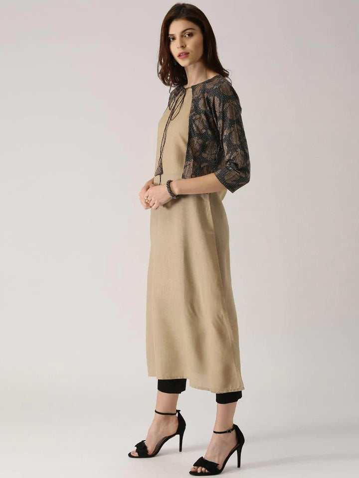 Beige Solid Cotton Kurta With Jacket - ShopLibas