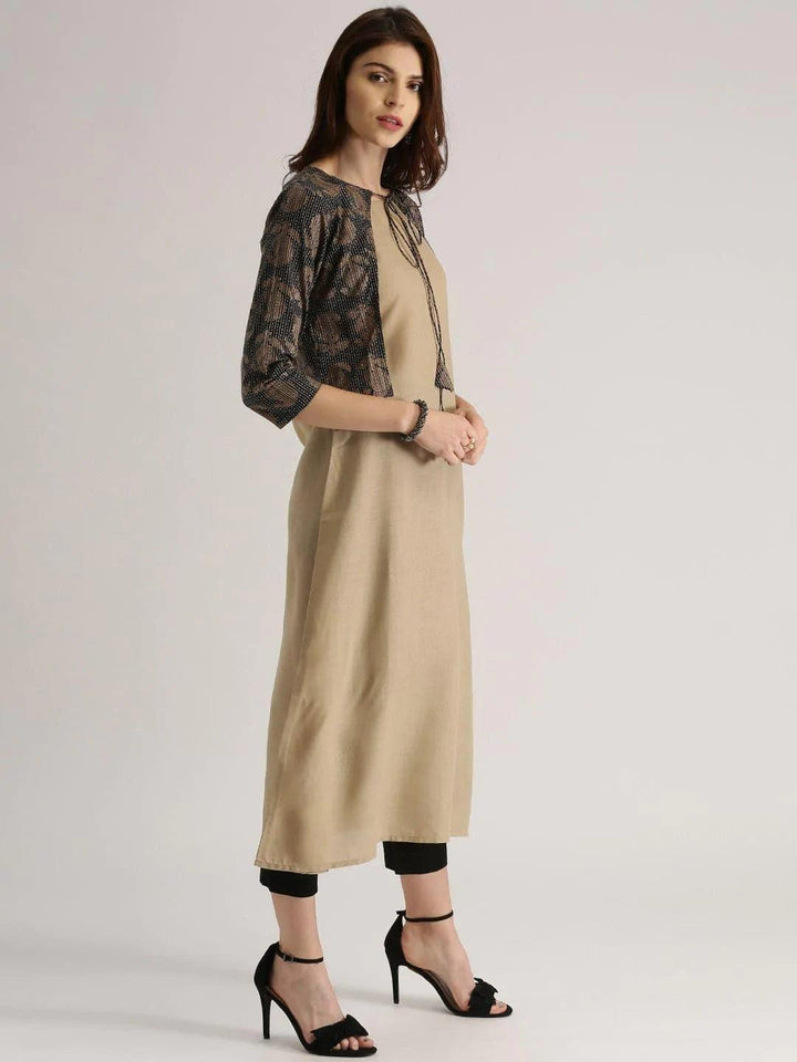Beige Solid Cotton Kurta With Jacket - ShopLibas