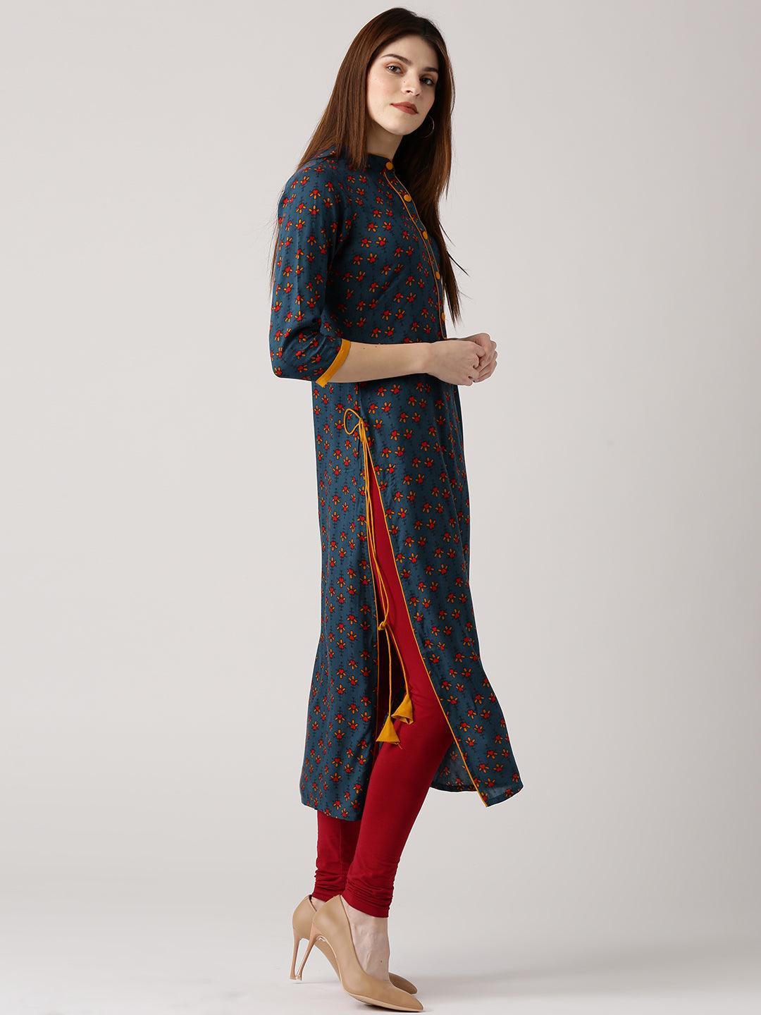 Blue Printed Rayon Kurta - ShopLibas 