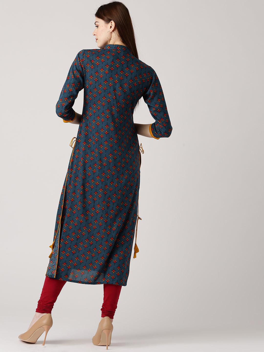 Blue Printed Rayon Kurta - ShopLibas 