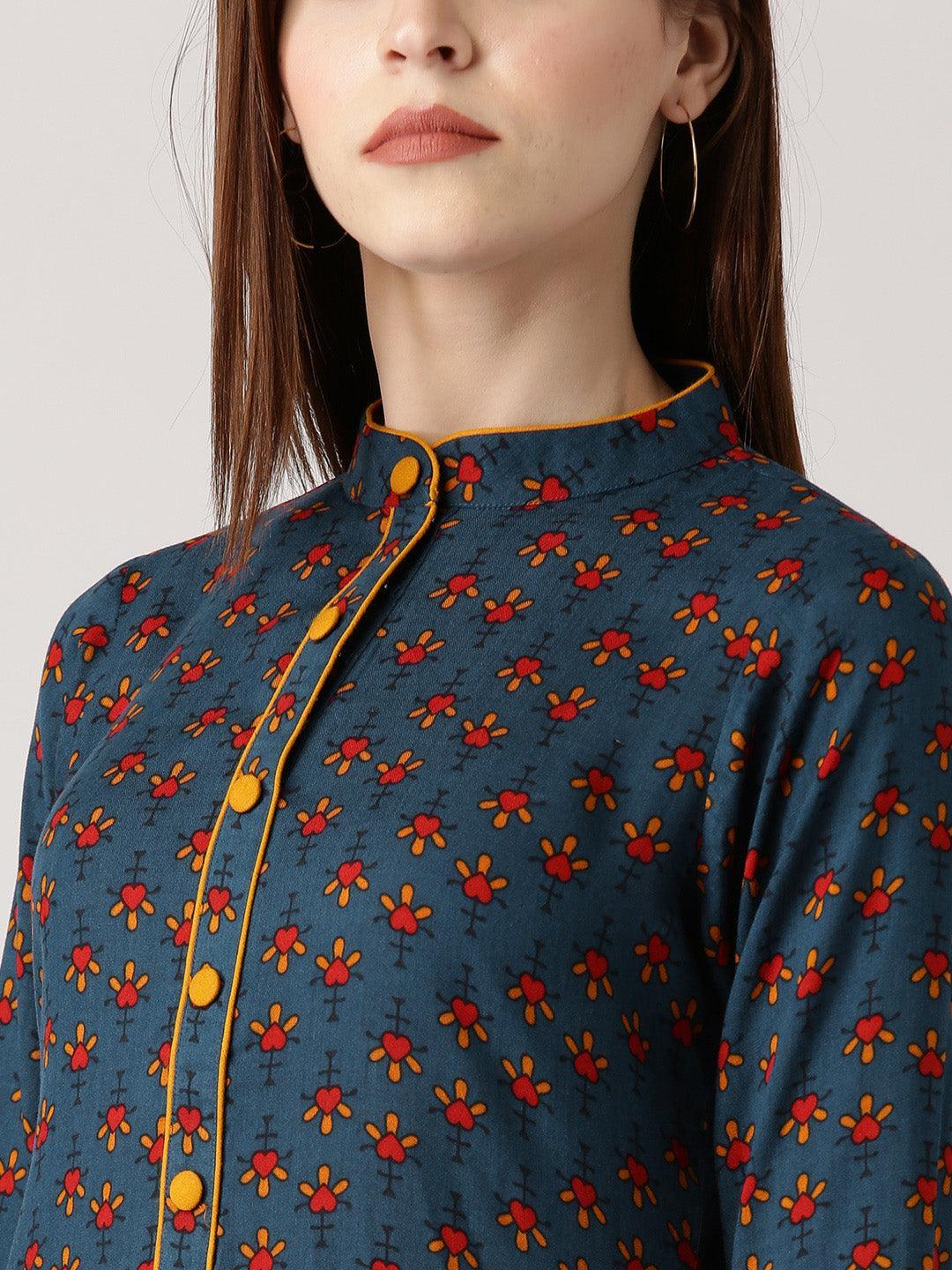 Blue Printed Rayon Kurta - ShopLibas 