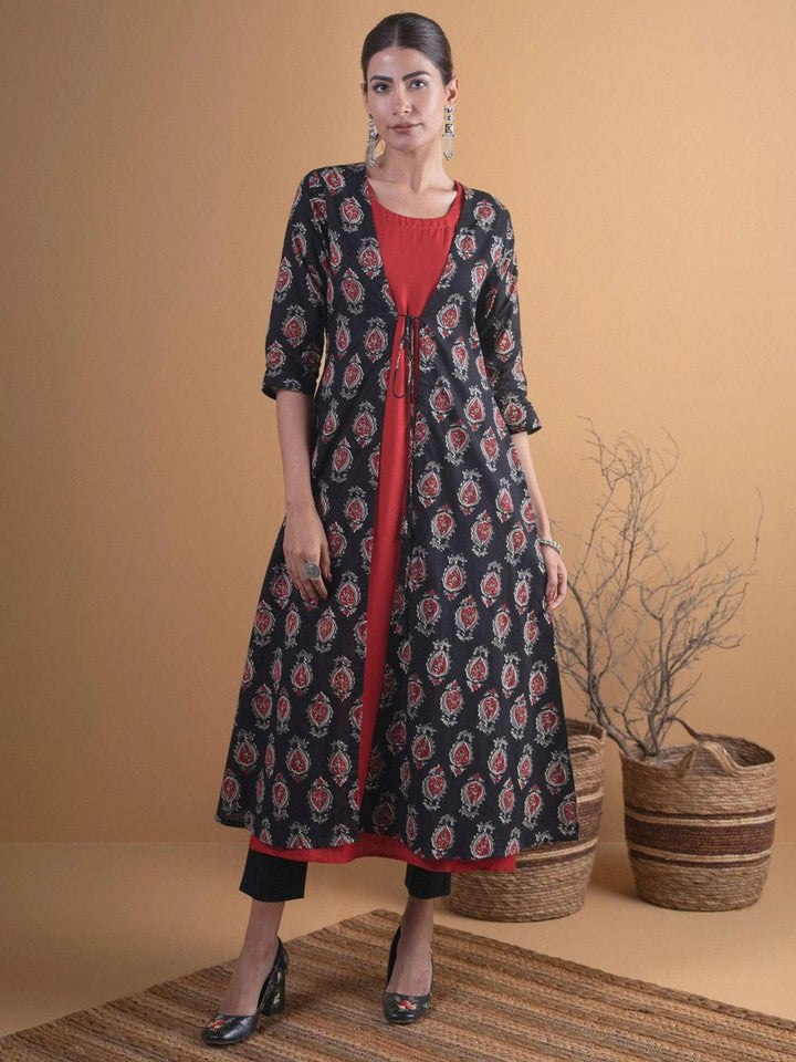 Black Printed Cotton Kurta With Jacket - ShopLibas
