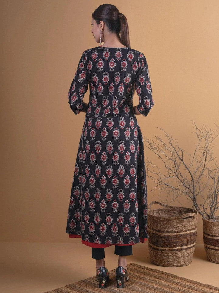 Black Printed Cotton Kurta With Jacket - ShopLibas