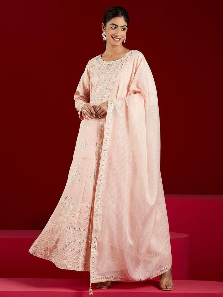 Libas Art Peach Embroidered Silk A-Line Kurta With Trousers & Dupatta - ShopLibas
