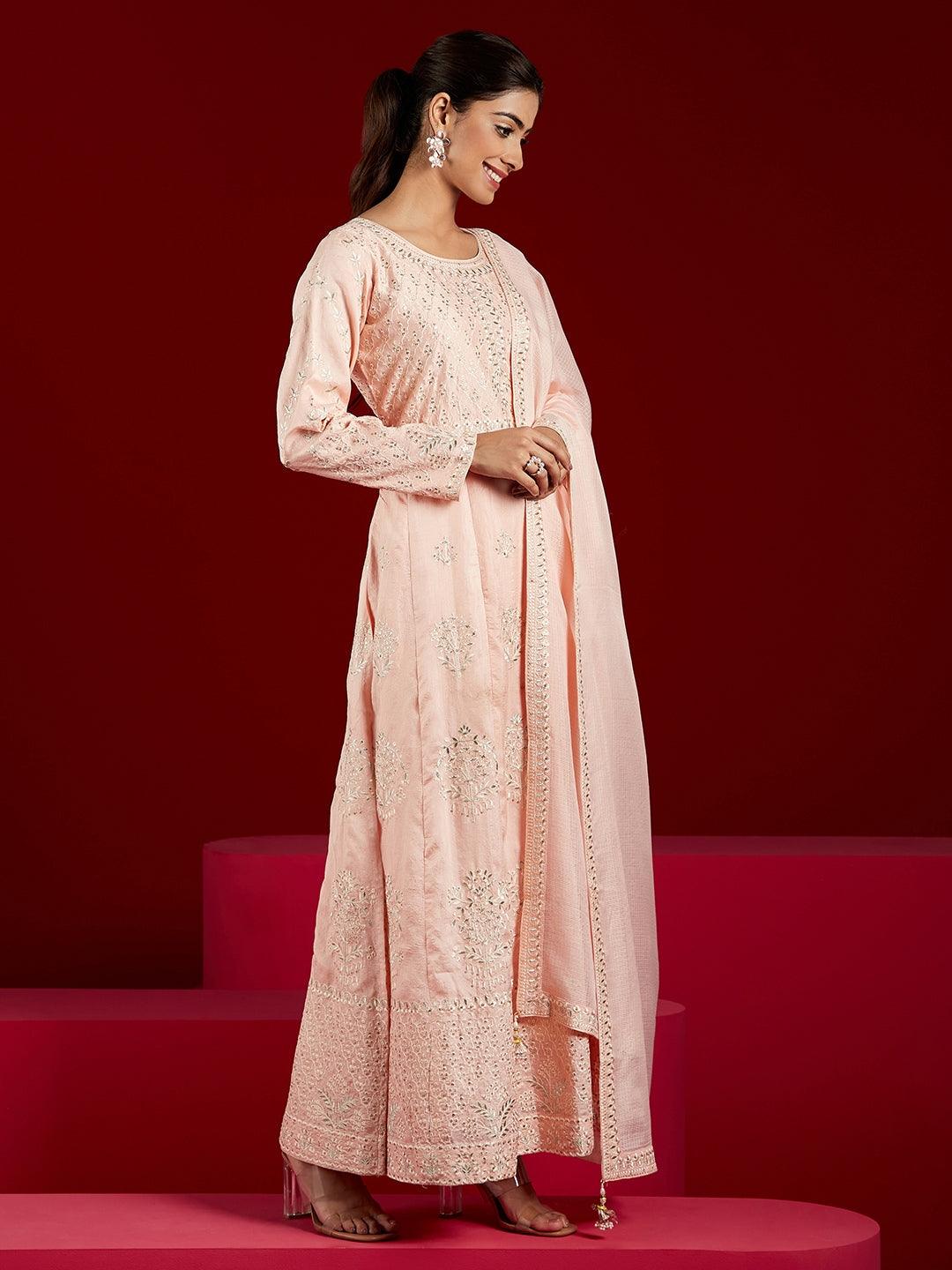 Libas Art Peach Embroidered Silk A-Line Kurta With Trousers & Dupatta - ShopLibas