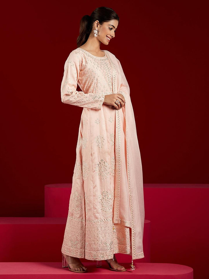 Libas Art Peach Embroidered Silk A-Line Kurta With Trousers & Dupatta - ShopLibas