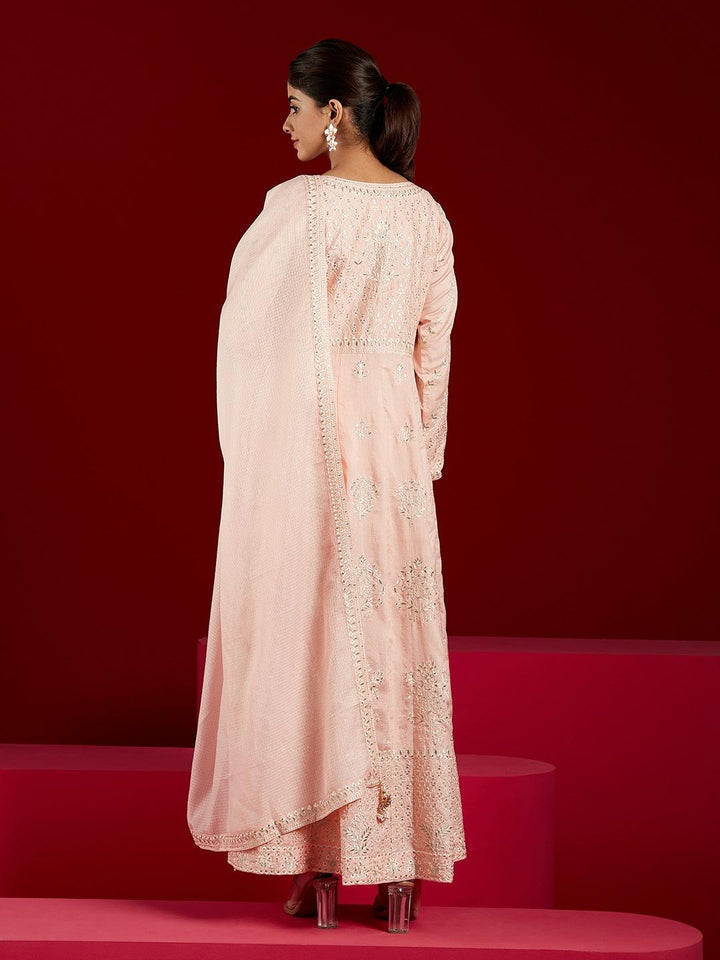 Libas Art Peach Embroidered Silk A-Line Kurta With Trousers & Dupatta - ShopLibas