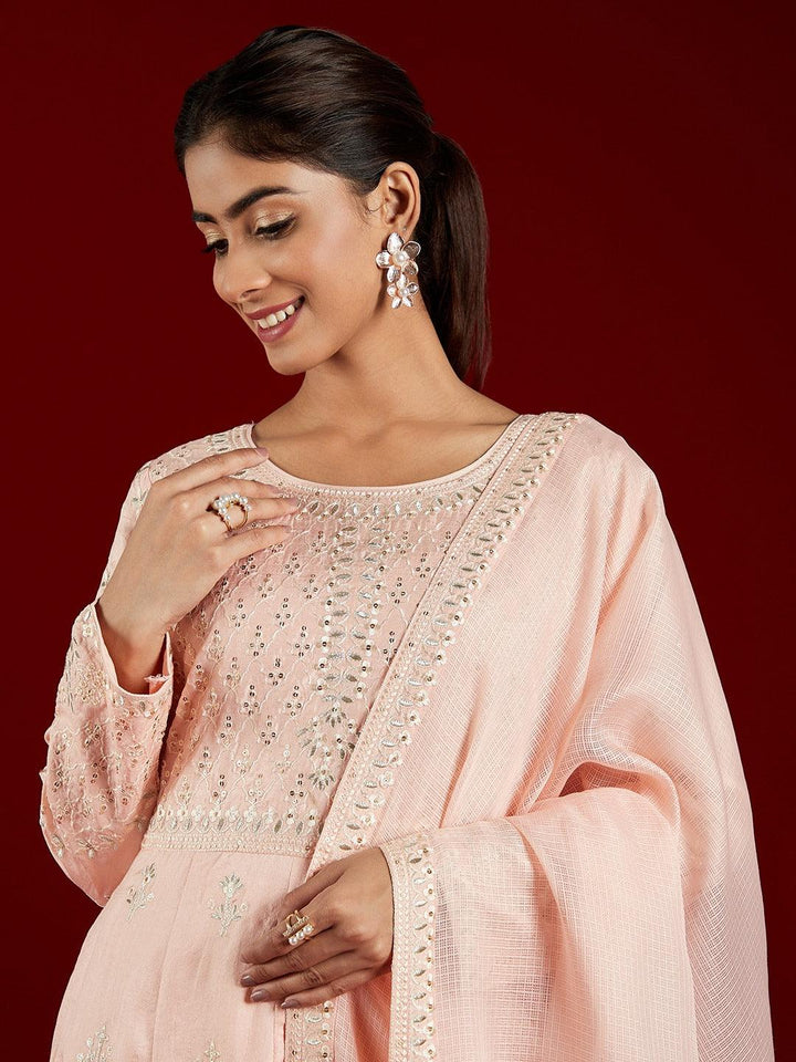 Libas Art Peach Embroidered Silk A-Line Kurta With Trousers & Dupatta - ShopLibas