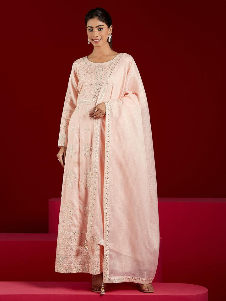 Libas Art Peach Embroidered Silk A-Line Kurta With Trousers & Dupatta - ShopLibas