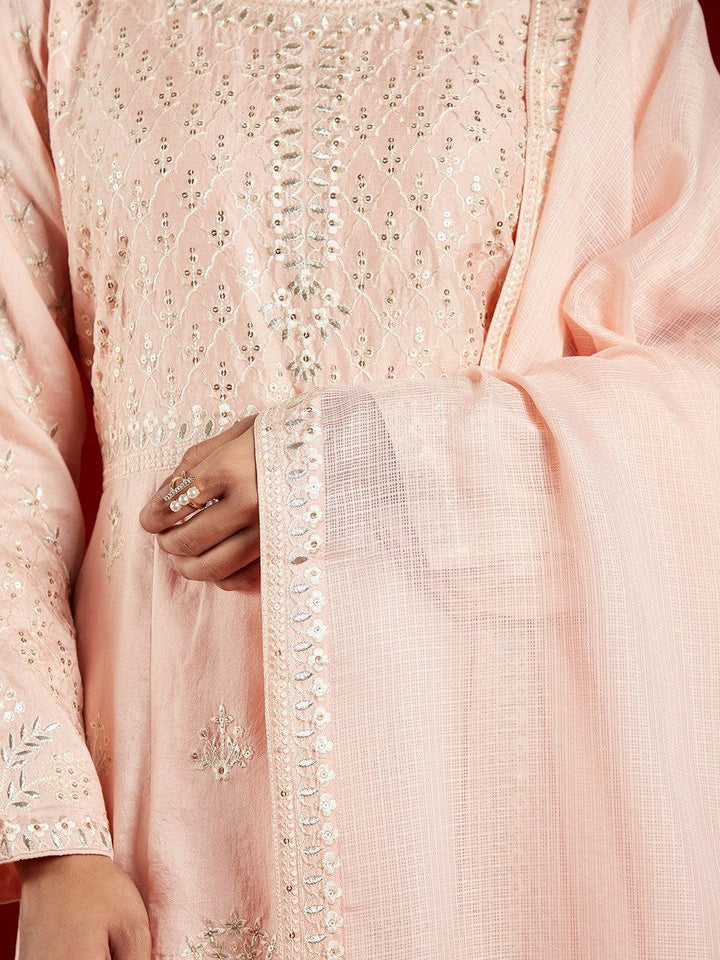 Libas Art Peach Embroidered Silk A-Line Kurta With Trousers & Dupatta - ShopLibas