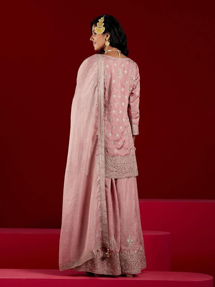 Libas Art Dusty Pink Embroidered Silk A-Line Kurti With Palazzos & Dupatta - ShopLibas
