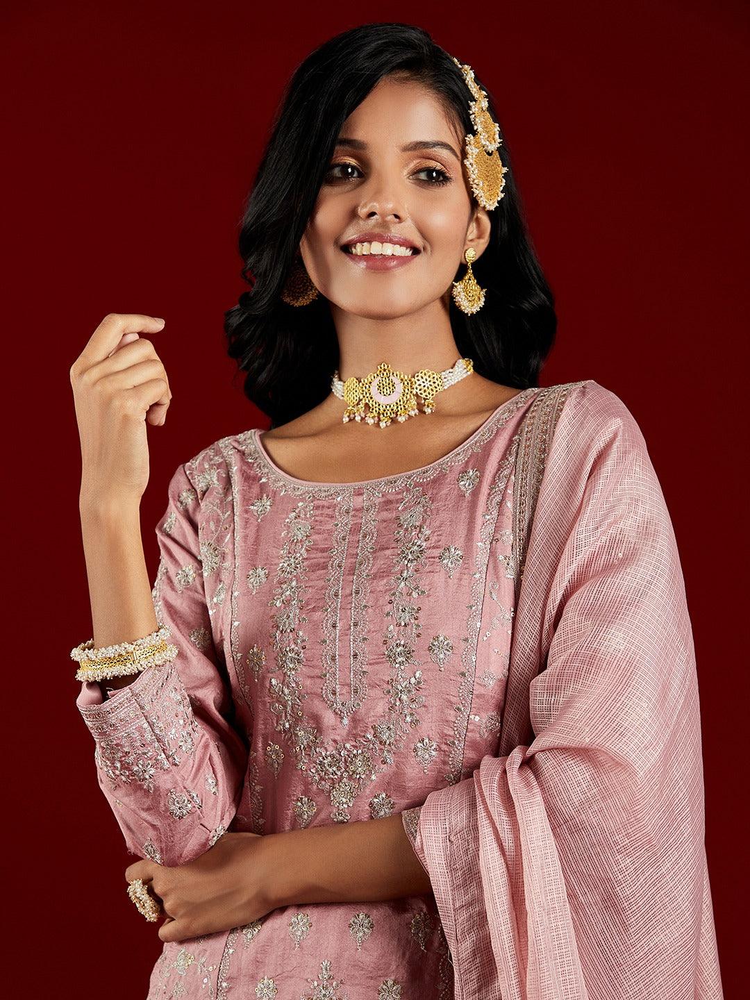 Libas Art Dusty Pink Embroidered Silk A-Line Kurti With Palazzos & Dupatta - ShopLibas