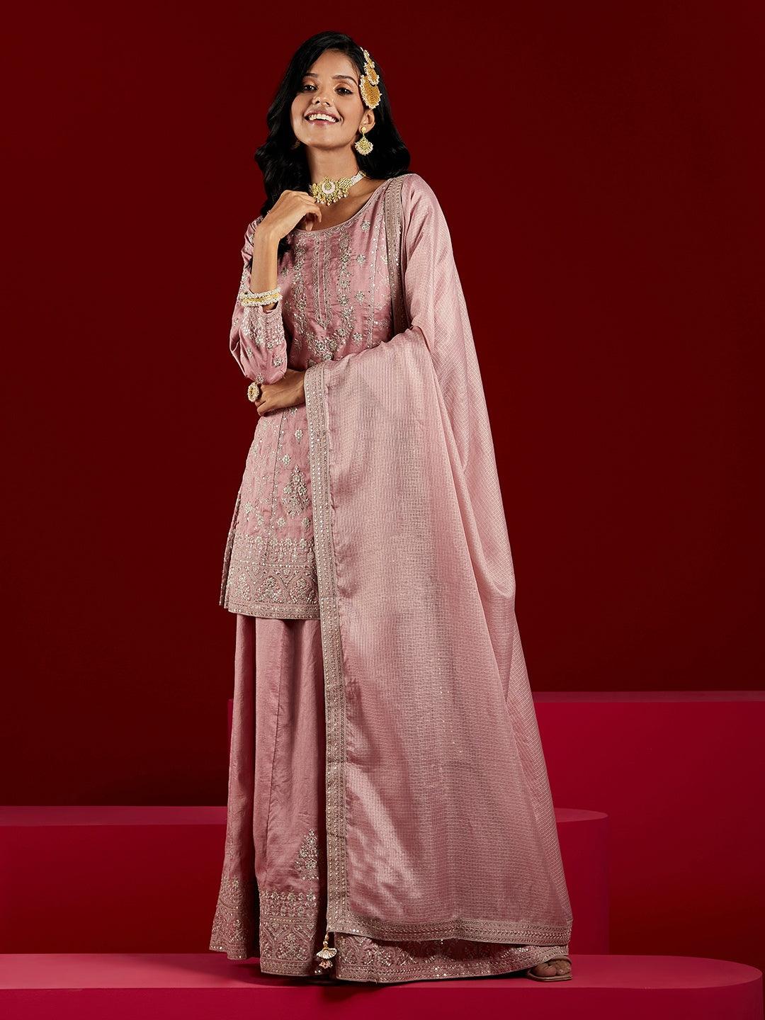 Libas Art Dusty Pink Embroidered Silk A-Line Kurti With Palazzos & Dupatta - ShopLibas