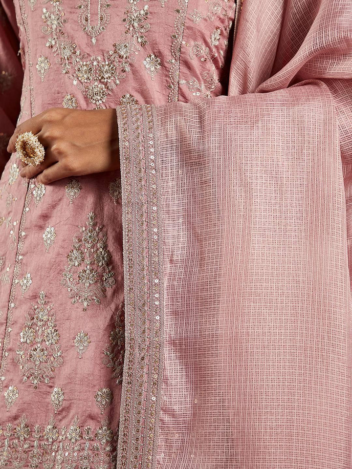 Libas Art Dusty Pink Embroidered Silk A-Line Kurti With Palazzos & Dupatta - ShopLibas