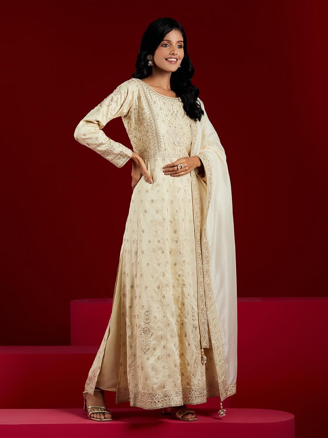Libas Art Beige Embroidered Silk A-Line Kurta With Trousers & Dupatta - ShopLibas
