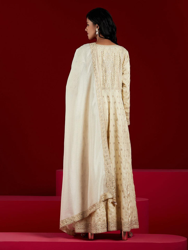Libas Art Beige Embroidered Silk A-Line Kurta With Trousers & Dupatta - ShopLibas