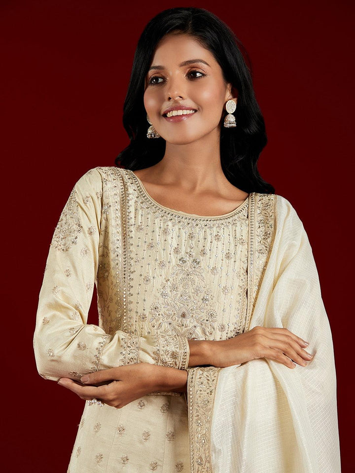 Libas Art Beige Embroidered Silk A-Line Kurta With Trousers & Dupatta - ShopLibas