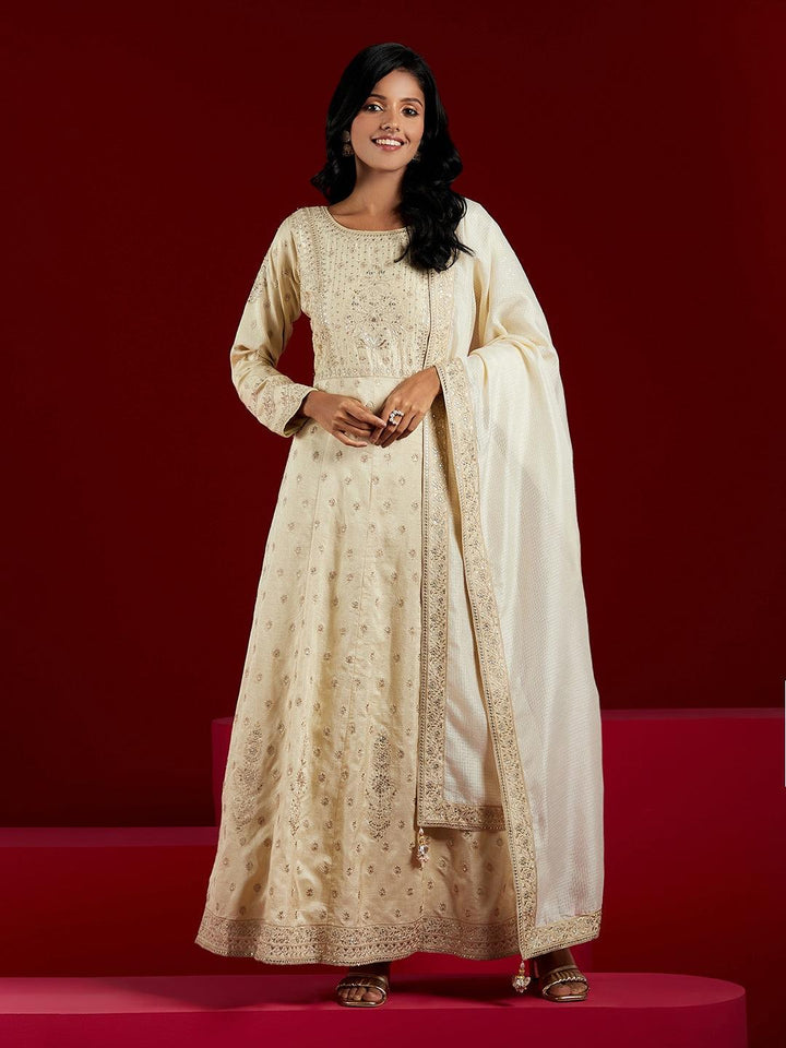 Libas Art Beige Embroidered Silk A-Line Kurta With Trousers & Dupatta - ShopLibas