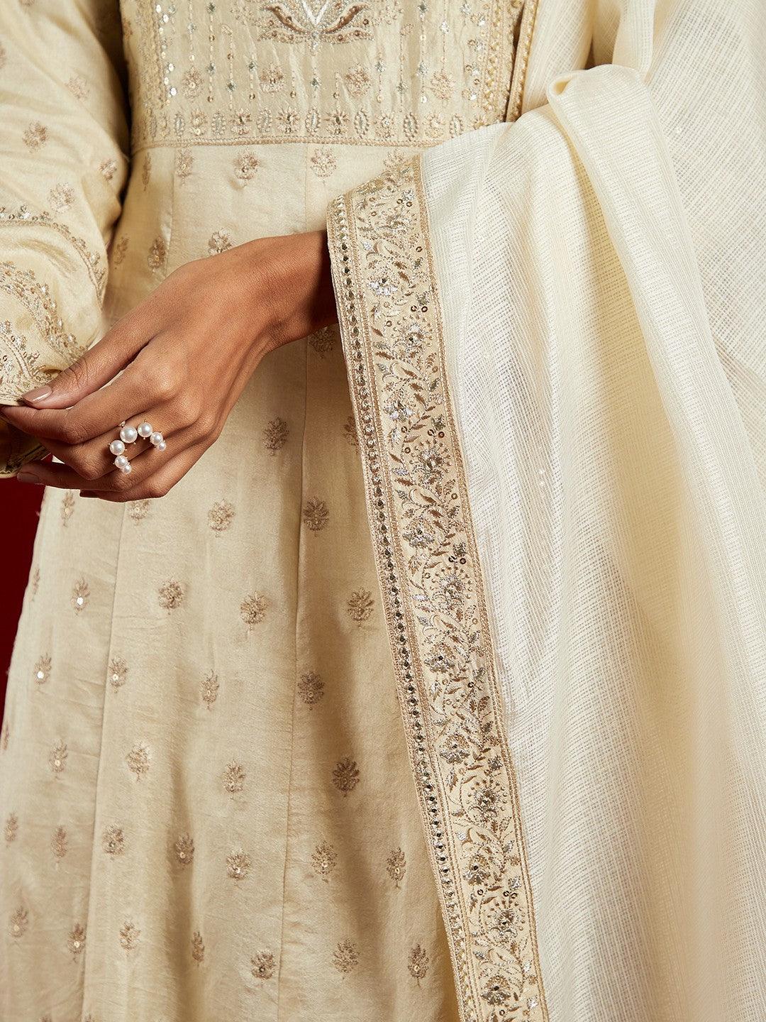 Libas Art Beige Embroidered Silk A-Line Kurta With Trousers & Dupatta - ShopLibas