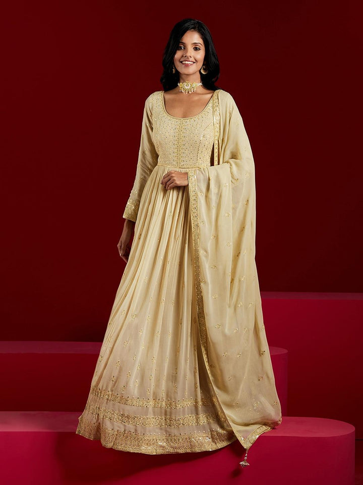 Libas Art Olive Green Yoke Design Georgette Anarkali Kurta With Trousers & Dupatta - ShopLibas
