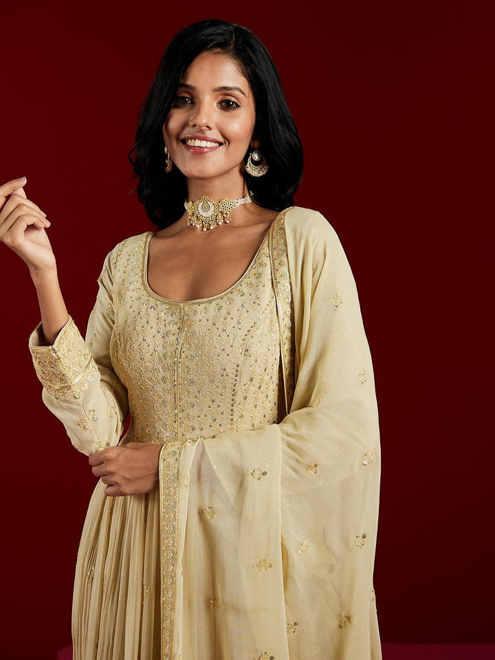 Libas Art Olive Green Yoke Design Georgette Anarkali Kurta With Trousers & Dupatta - ShopLibas
