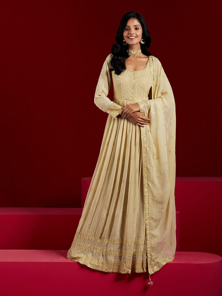 Libas Art Olive Green Yoke Design Georgette Anarkali Kurta With Trousers & Dupatta - ShopLibas
