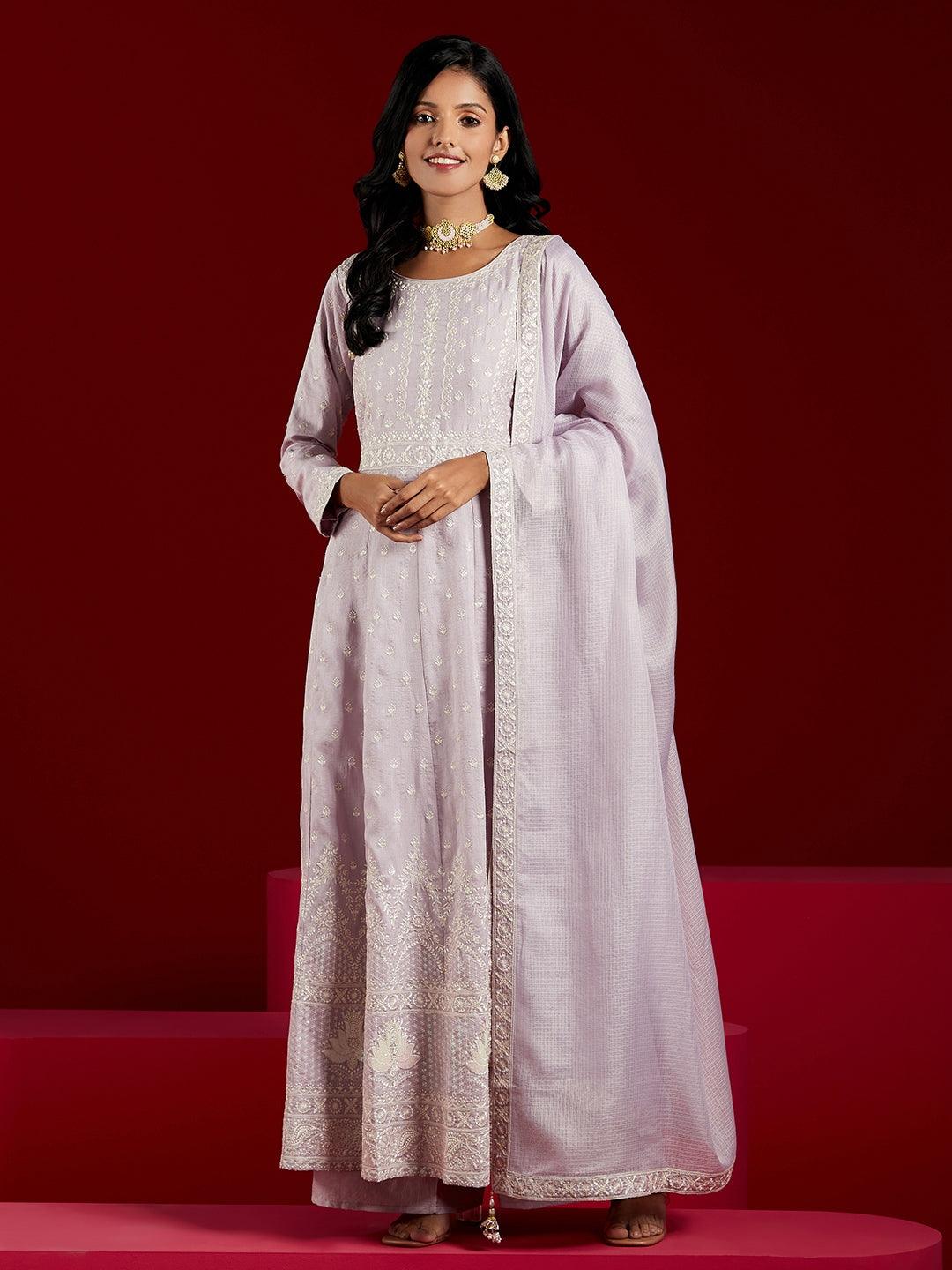 Libas Art Lilac Embroidered Silk A-Line Kurta With Palazzos & Dupatta - ShopLibas