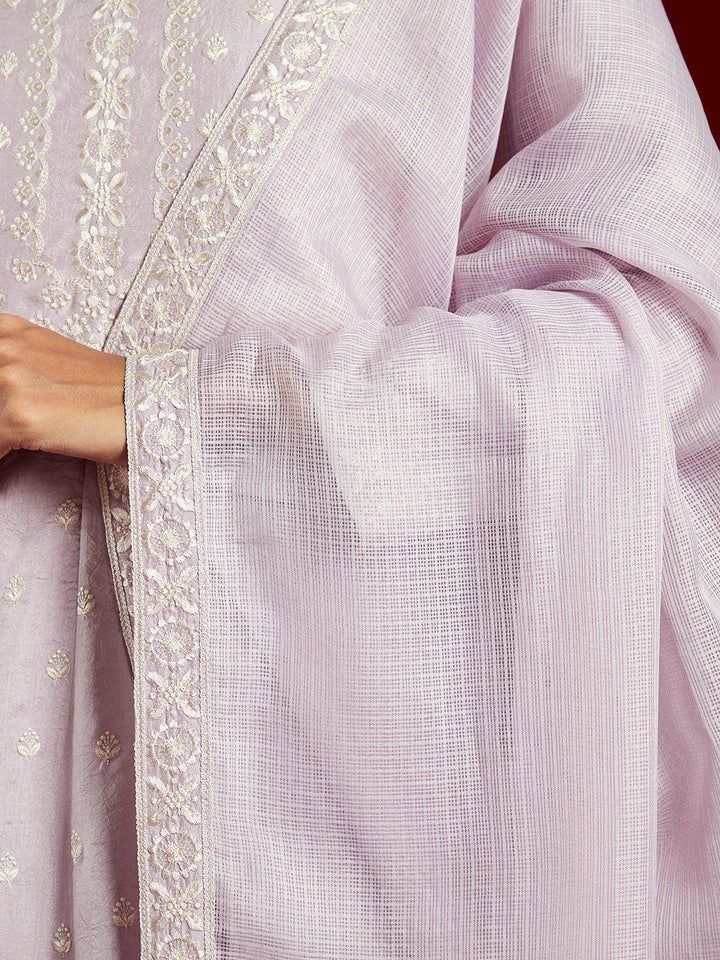Libas Art Lilac Embroidered Silk A-Line Kurta With Palazzos & Dupatta - ShopLibas