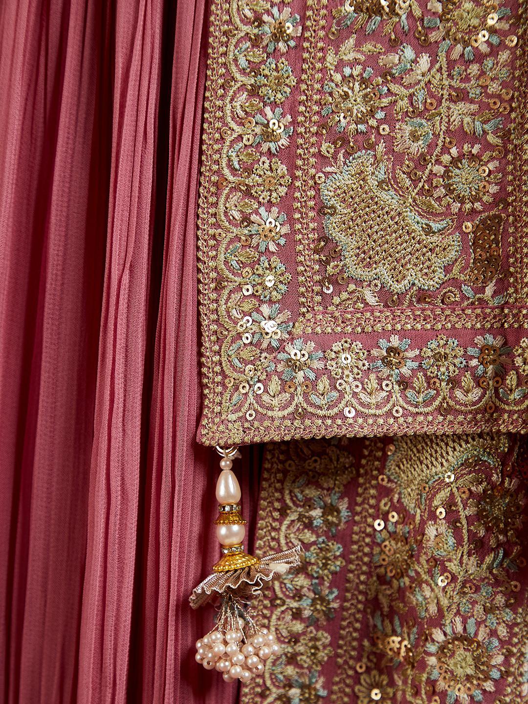 Libas Art Pink Embroidered Georgette A-Line Kurta With Trousers & Dupatta - ShopLibas