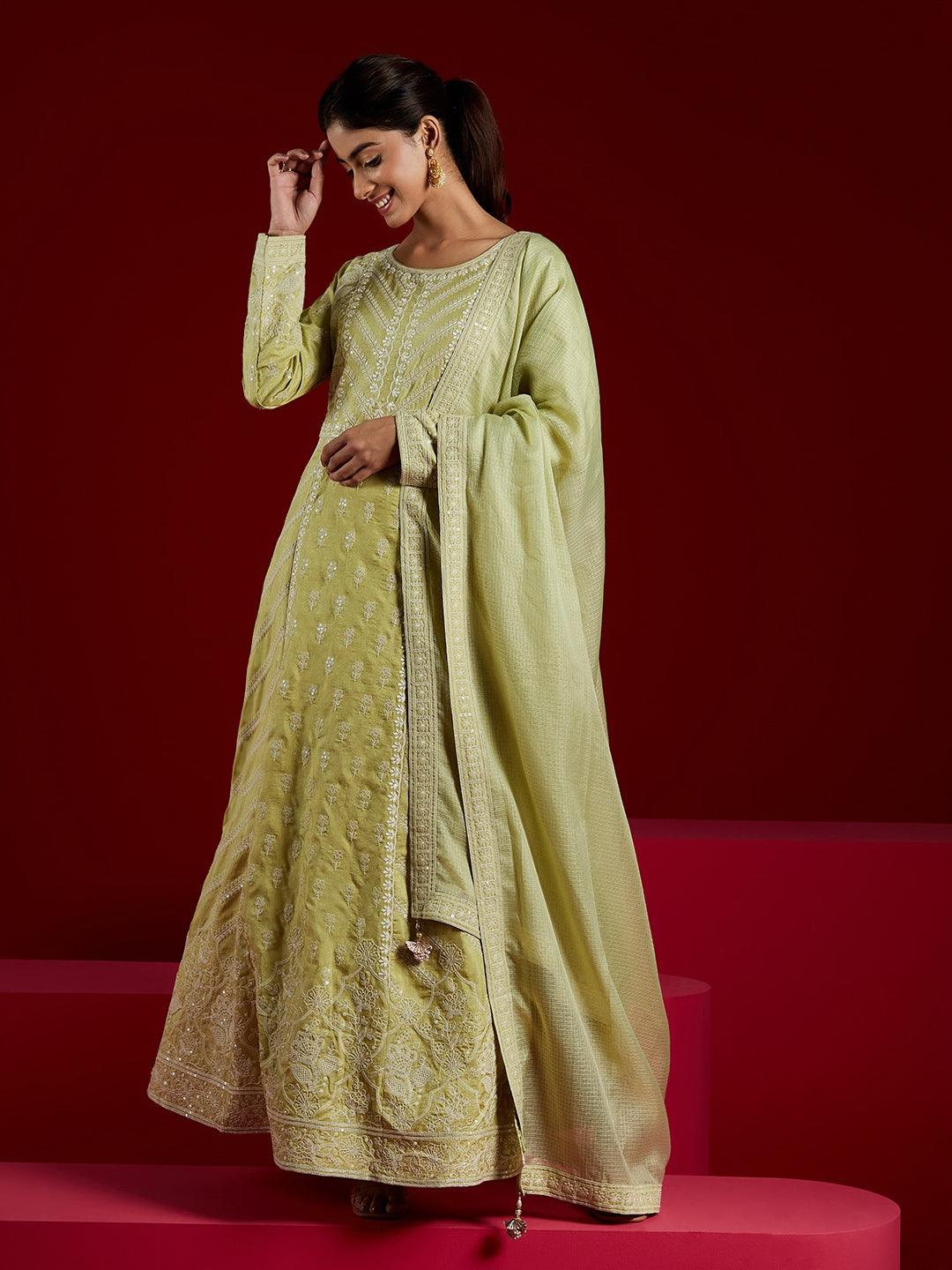 Libas Art Green Embroidered Silk A-Line Kurta With Trousers & Dupatta - ShopLibas