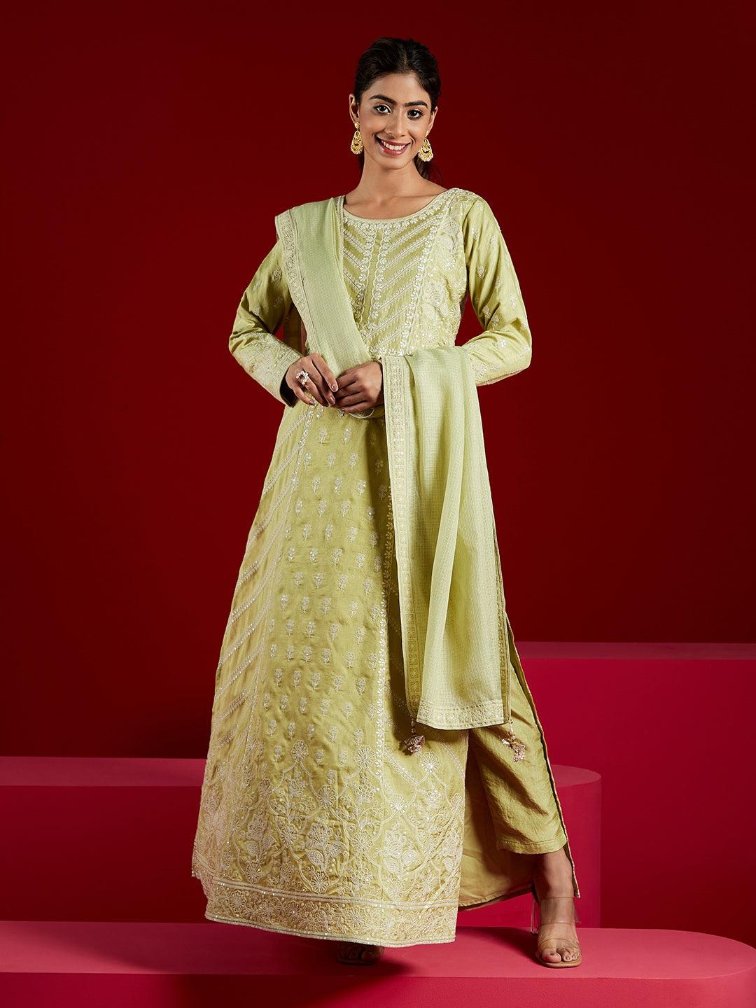 Libas Art Green Embroidered Silk A-Line Kurta With Trousers & Dupatta - ShopLibas