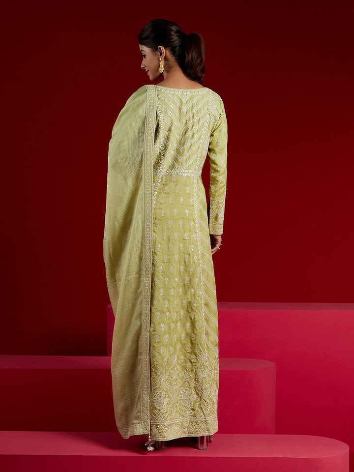 Libas Art Green Embroidered Silk A-Line Kurta With Trousers & Dupatta - ShopLibas