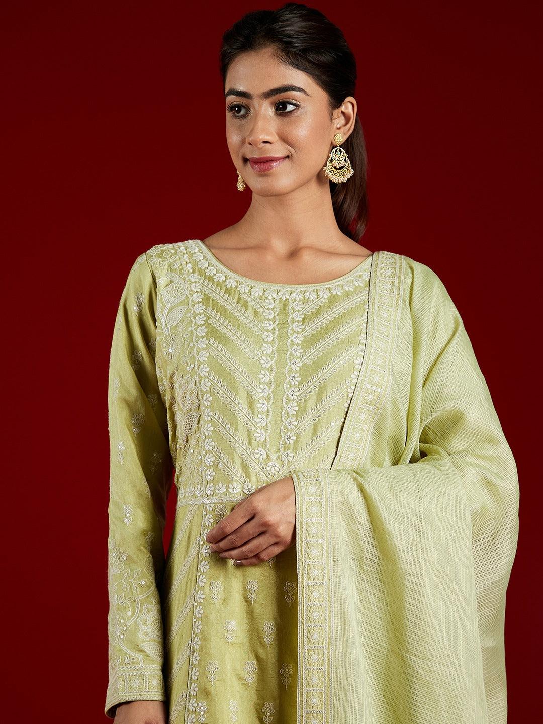 Libas Art Green Embroidered Silk A-Line Kurta With Trousers & Dupatta - ShopLibas