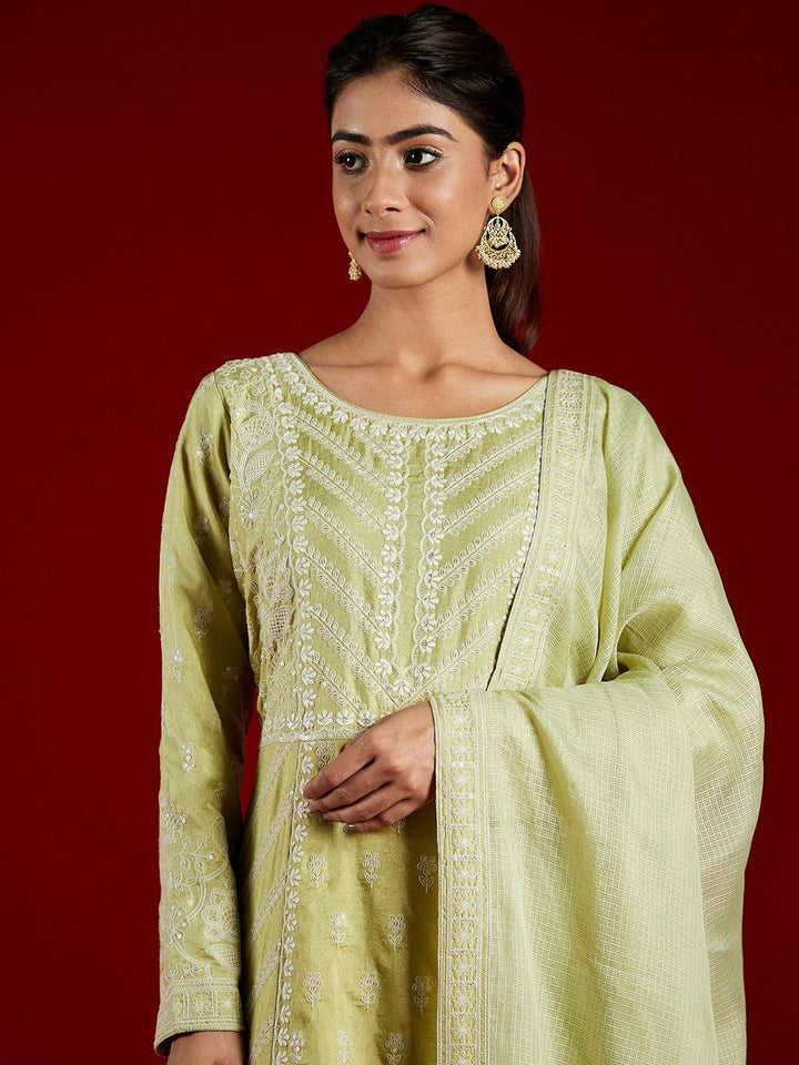 Libas Art Green Embroidered Silk A-Line Kurta With Trousers & Dupatta - ShopLibas