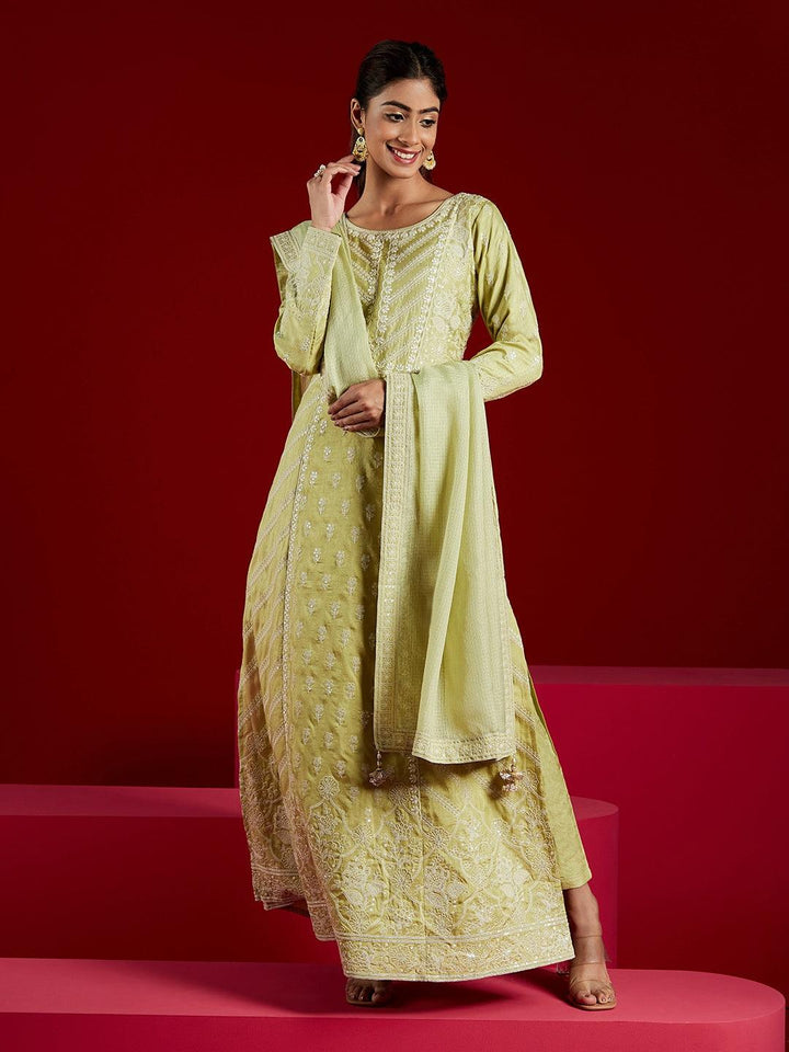 Libas Art Green Embroidered Silk A-Line Kurta With Trousers & Dupatta - ShopLibas