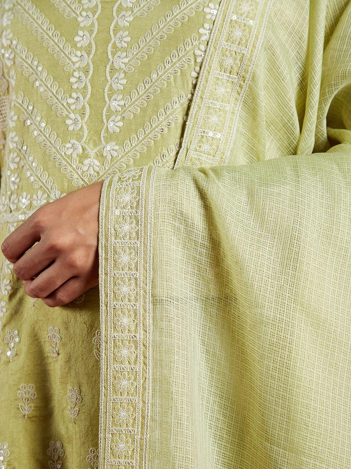 Libas Art Green Embroidered Silk A-Line Kurta With Trousers & Dupatta - ShopLibas