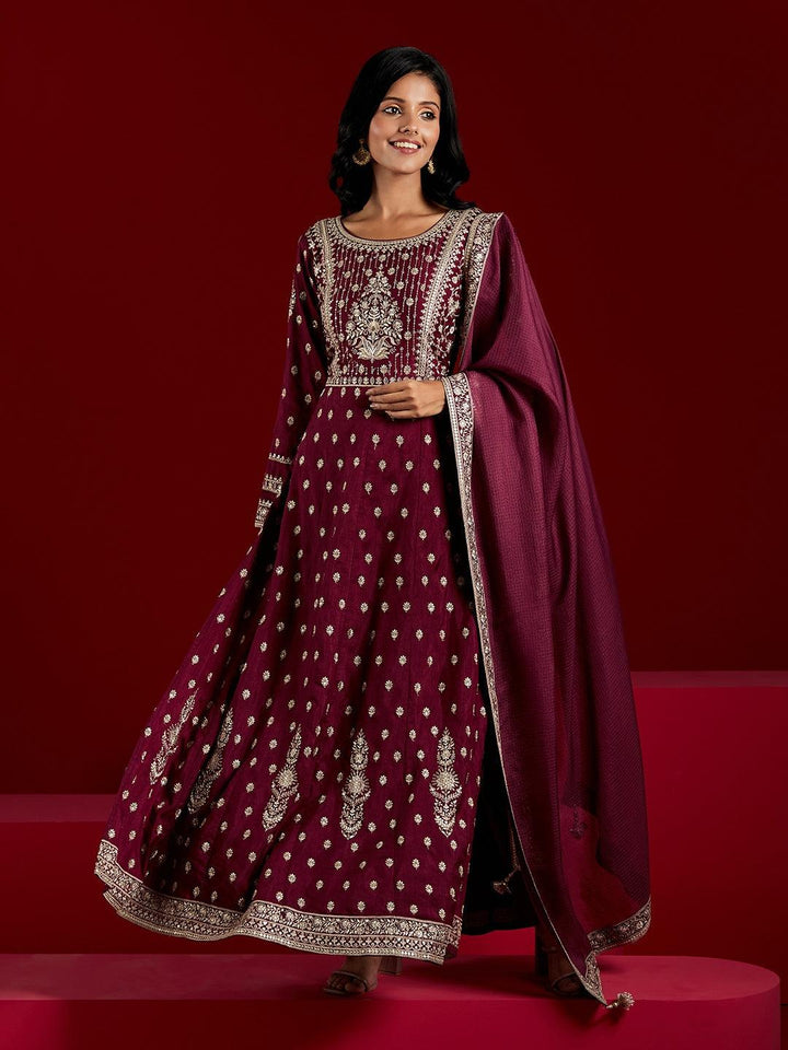 Libas Art Wine Embroidered Silk A-Line Kurta With Trousers & Dupatta - ShopLibas