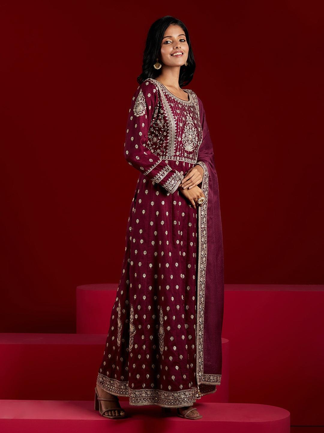 Libas Art Wine Embroidered Silk A-Line Kurta With Trousers & Dupatta - ShopLibas