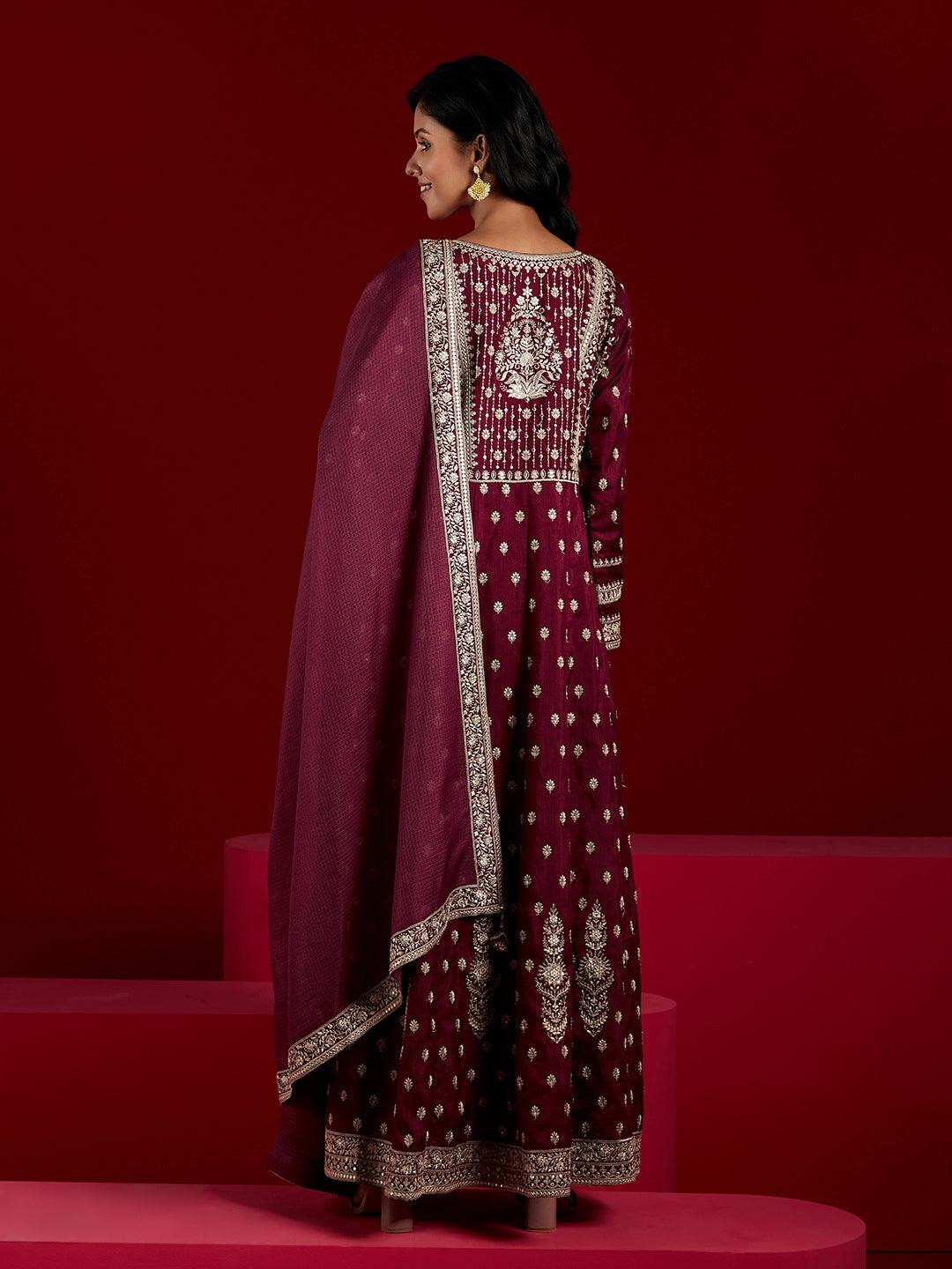 Libas Art Wine Embroidered Silk A-Line Kurta With Trousers & Dupatta - ShopLibas