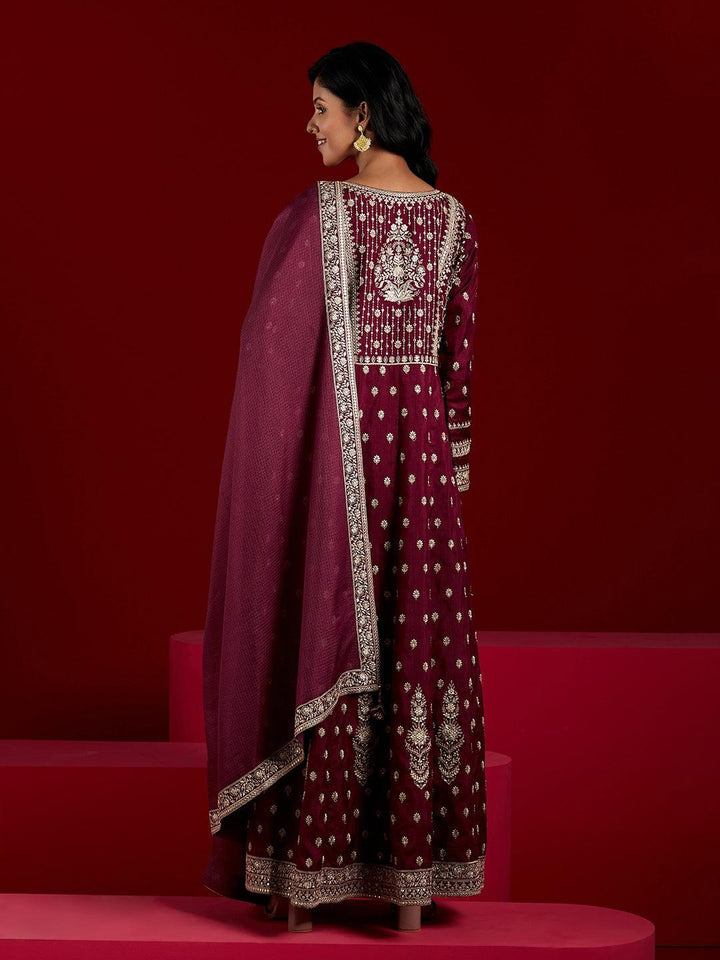 Libas Art Wine Embroidered Silk A-Line Kurta With Trousers & Dupatta - ShopLibas