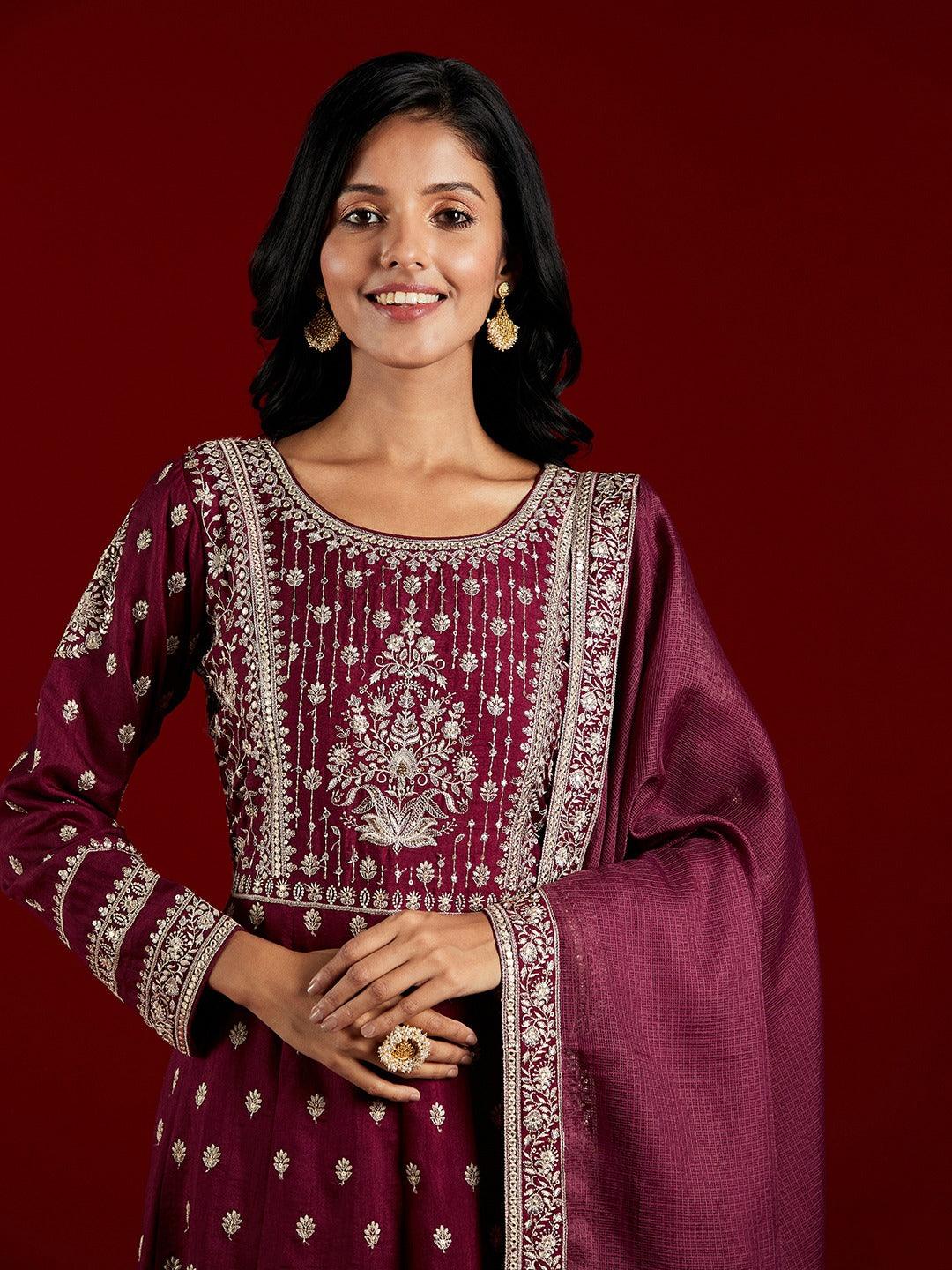 Libas Art Wine Embroidered Silk A-Line Kurta With Trousers & Dupatta - ShopLibas